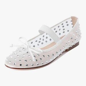 XYD White Mesh Bow Mary Jane Flats Comfortable Casual Dress Shoes with Strap